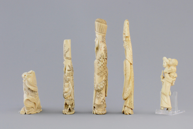 A good set of five Japanese carved ivory figures, 19th C.