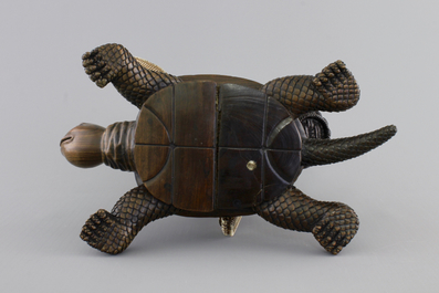 A signed Japanese carved ivory and wood figure of an immortal seated on a turtle, 19th C.