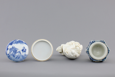 A Chinese porcelain seal wax box and cover, a Dehua blanc de Chine guanyin and a blue and white salt, 18/19th C.