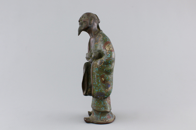 A Chinese bronze and cloisonne figure of an immortal, 18/19th C.