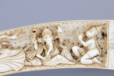 A highly unusual Indian carved open-folding ivory tusk, 19th C.