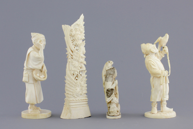 A group of various Asian ivory carvings incl. a falconer, 19th C.