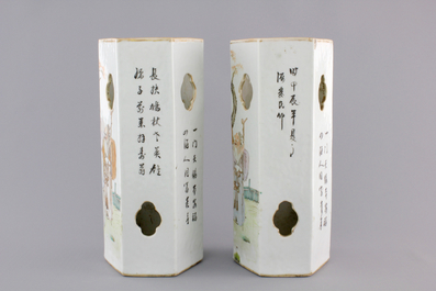 A pair of open-worked hexagonal Chinese Qianjian style hat stands, 19/20th C.