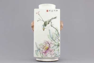 A Chinese Qianjiang cong-shaped vase with elephant handles, early 20th C.