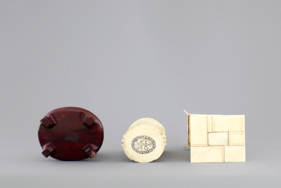 Two Chinese carved ivory figures, a hairpin and a brooch and a Japanese ivory pagoda, 19th C.