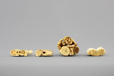 A set of 9 small Japanese ivory carvings, incl. netsuke, on a small red lacquer table, 19th/early 20th C.