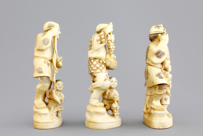 Three Japanese ivory carved okimono of fishermen with their son, Meiji, 19th C.