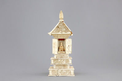 Two Chinese carved ivory figures, a hairpin and a brooch and a Japanese ivory pagoda, 19th C.