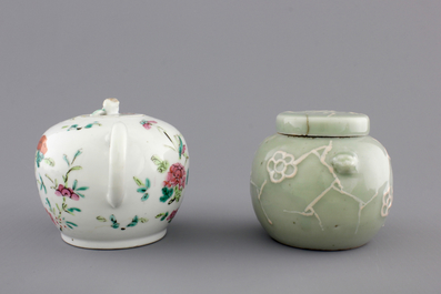 A Chinese sancai-glazed pottery figure, a famille rose teapot and a small ginger jar, 19th C.