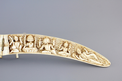 A highly unusual Indian carved open-folding ivory tusk, 19th C.