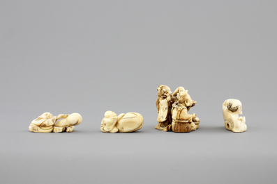 A set of 9 small Japanese ivory carvings, incl. netsuke, on a small red lacquer table, 19th/early 20th C.