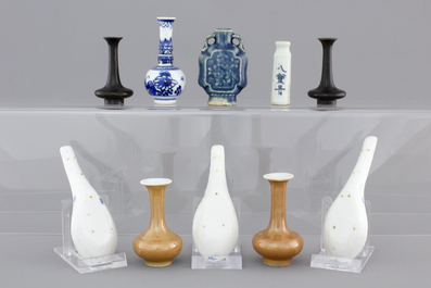 A collection of Chinese miniature vases and spoons in porcelain and bronze, 18th and 19th C.