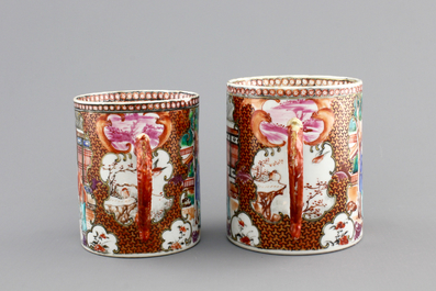 Two Chinese export porcelain mandarin pattern mugs with dragon handles, Qianlong, 18th C.