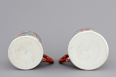 Two Chinese export porcelain mandarin pattern mugs with dragon handles, Qianlong, 18th C.