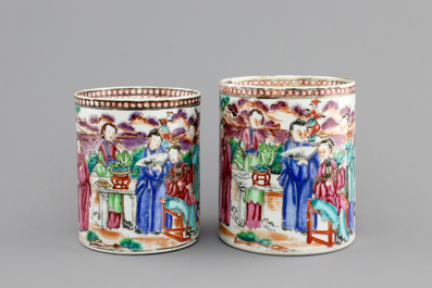 Two Chinese export porcelain mandarin pattern mugs with dragon handles, Qianlong, 18th C.