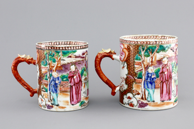 Two Chinese export porcelain mandarin pattern mugs with dragon handles, Qianlong, 18th C.