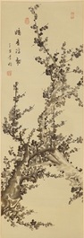 A signed Chinese floral scroll painting, 19/20th C.
