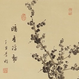 A signed Chinese floral scroll painting, 19/20th C.