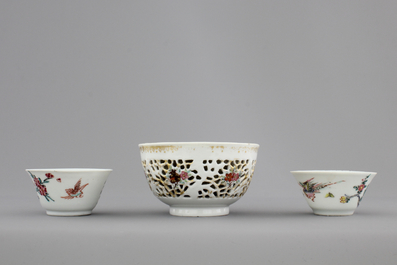 Three Chinese porcelain famille rose cups and saucers, Yongzheng-Qianlong, 18th C.