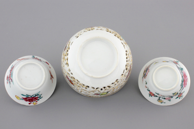 Three Chinese porcelain famille rose cups and saucers, Yongzheng-Qianlong, 18th C.