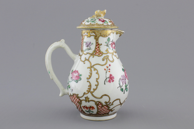 A Chinese export porcelain jug and cover with matching saucer, 18th C.