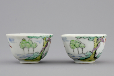 Two Dutch-decorated Chinese porcelain cups and saucers depicting Adam and Eve, ca. 1730