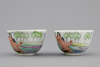 Two Dutch-decorated Chinese porcelain cups and saucers depicting Adam and Eve, ca. 1730