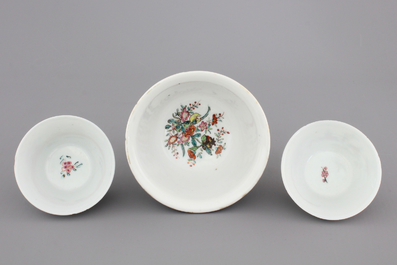 Three Chinese porcelain famille rose cups and saucers, Yongzheng-Qianlong, 18th C.