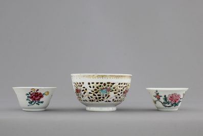 Three Chinese porcelain famille rose cups and saucers, Yongzheng-Qianlong, 18th C.