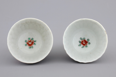 Two Dutch-decorated Chinese porcelain cups and saucers depicting Adam and Eve, ca. 1730
