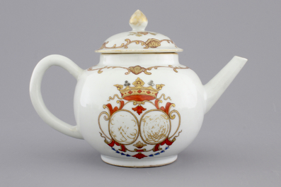 A Chinese porcelain famille rose and gilt armorial monogrammed teapot with a cup and saucer, 18th C.