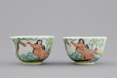 Two Dutch-decorated Chinese porcelain cups and saucers depicting Adam and Eve, ca. 1730