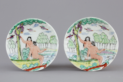 Two Dutch-decorated Chinese porcelain cups and saucers depicting Adam and Eve, ca. 1730