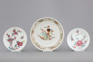 Three Chinese porcelain famille rose cups and saucers, Yongzheng-Qianlong, 18th C.
