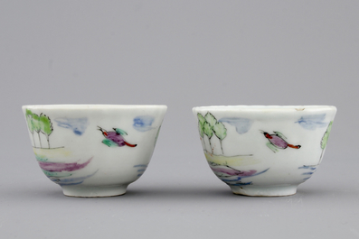 Two Dutch-decorated Chinese porcelain cups and saucers depicting Adam and Eve, ca. 1730