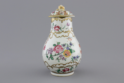 A Chinese export porcelain jug and cover with matching saucer, 18th C.