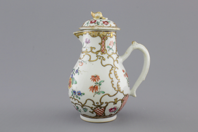 A Chinese export porcelain jug and cover with matching saucer, 18th C.