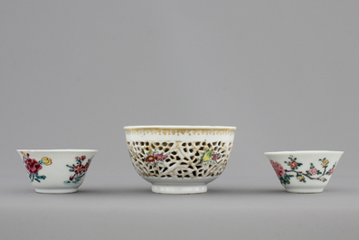 Three Chinese porcelain famille rose cups and saucers, Yongzheng-Qianlong, 18th C.
