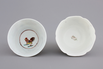 Two Chinese famille rose export porcelain cups and saucers, Yongzheng-Qianlong, 18th C.