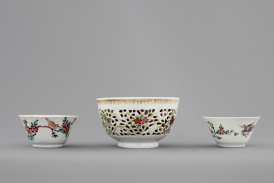 Three Chinese porcelain famille rose cups and saucers, Yongzheng-Qianlong, 18th C.