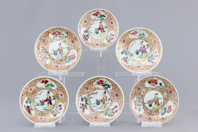 A set of five Chinese famille rose cups and six saucers, Yongzheng-Qianlong, 18th C.