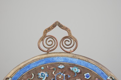 A Chinese enameled silver and bronze hanging mirror, late Qing dynasty