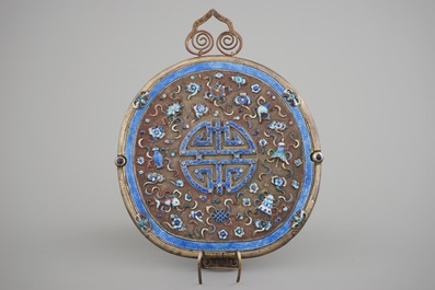 A Chinese enameled silver and bronze hanging mirror, late Qing dynasty