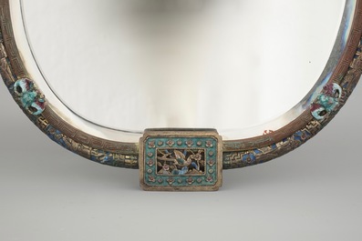 A Chinese enameled silver and bronze hanging mirror, late Qing dynasty