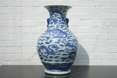 A Chinese blue and white dragon vase with elephant handles, 19th/20th C