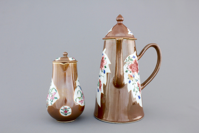 A Chinese famille rose Batavian ware chocolate pot and cream jug, Qianlong, 18th C.