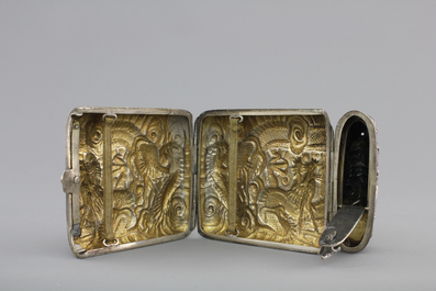 A Chinese silver cigarette case with dragons, marked, 19th C