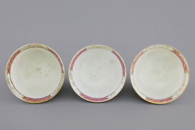 A set of three fine Chinese famille rose cups and two saucers, Yongzheng, and a Chinese Imari teapot, 18th C.