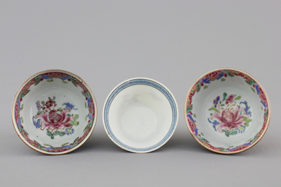 A collection of fine Chinese famille rose porcelain cups and saucers, Yongzheng-Qianlong, 18th C.