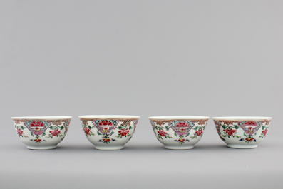 A set of four Chinese famille rose export porcelain cups and saucers, Yongzheng/Qianlong, 18th C.